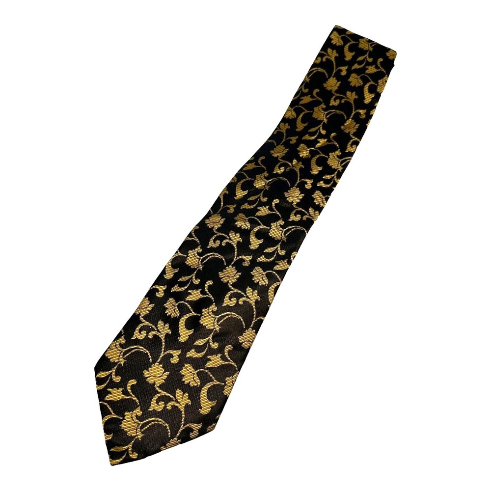 Metropolitan View Mens Silk Tie Black Gold Floral Scroll Jacquard Hand Made 60"‎